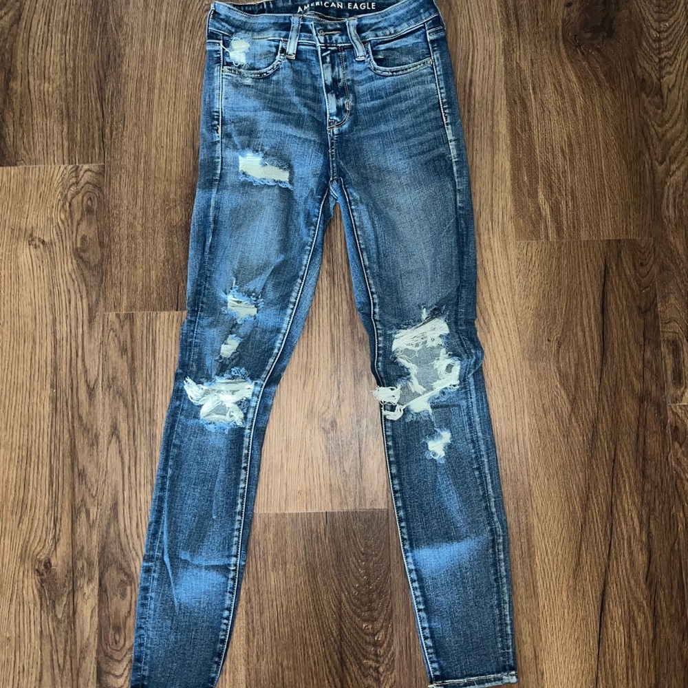 American Eagle Outfitters Women's Blue Distressed High Rise Jeggings
